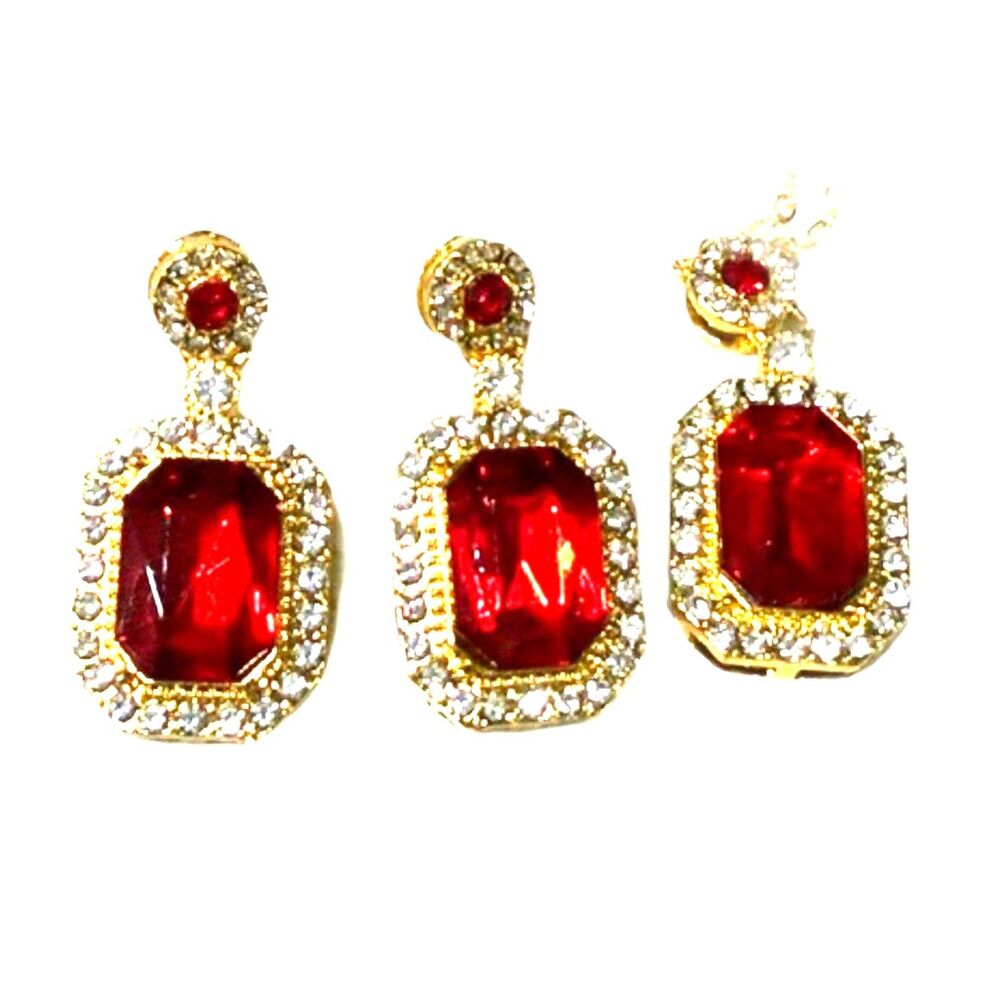 Red Crystal Jewelry Set Gold Tone Necklace & Drop Earrings Rhinestone Set